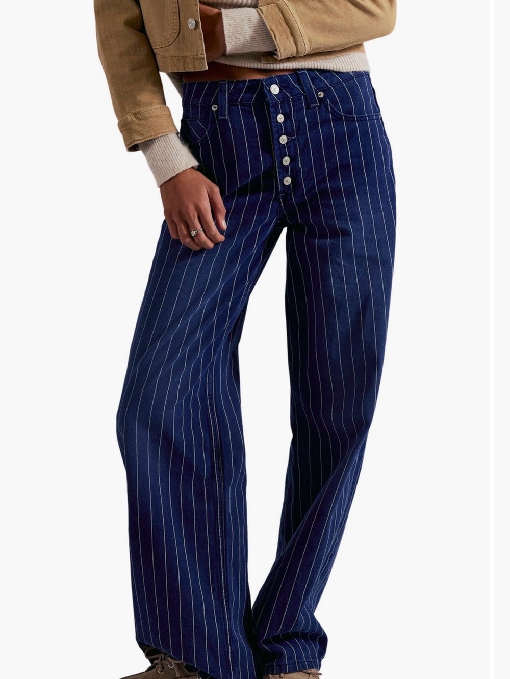 Free People Navy Pinstripe Boyfriend Jeans